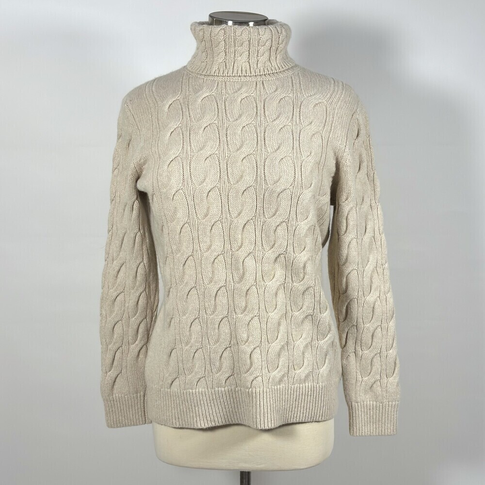 LL Bean Turtleneck Cable Knit Sweater Wool Blend Beige - Large